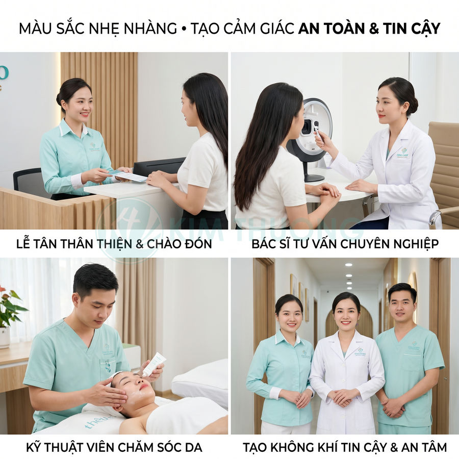 Đội ngũ lễ tân bác sĩ kỹ thuật viên spa da liễu tư vấn và chăm sóc da cho khách hàng